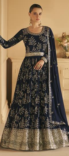Mehendi Sangeet, Reception, Wedding Blue color Salwar Kameez in Georgette fabric with Anarkali Embroidered, Sequence, Thread, Zari work : 1886101