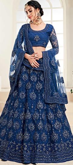 Engagement, Reception, Wedding Blue color Lehenga in Net fabric with Flared Embroidered, Stone work : 1886106