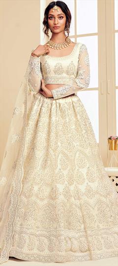 Engagement, Reception, Wedding White and Off White color Lehenga in Net fabric with Flared Embroidered, Stone work : 1886111