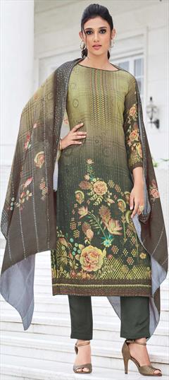 Bollywood Green color Salwar Kameez in Muslin fabric with Straight Embroidered, Printed work : 1886114