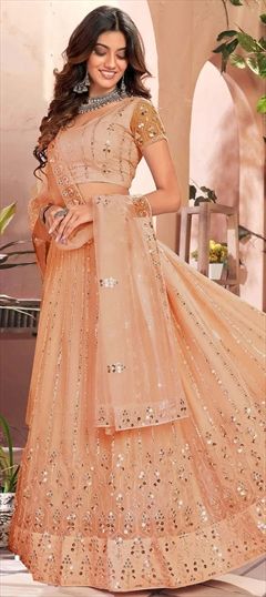 Engagement, Reception, Wedding Pink and Majenta color Lehenga in Net fabric with Flared Embroidered, Sequence work : 1886116