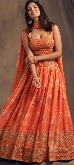 Engagement, Reception, Wedding Orange color Lehenga in Organza Silk fabric with Flared Embroidered, Floral, Sequence work : 1886117