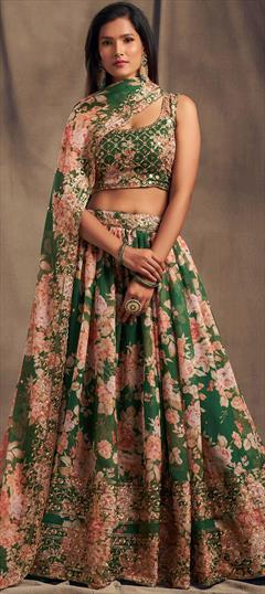 Engagement, Reception, Wedding Green color Lehenga in Organza Silk fabric with Flared Embroidered, Floral, Sequence work : 1886120
