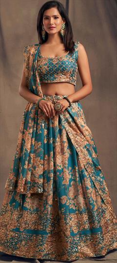 Engagement, Reception, Wedding Blue color Lehenga in Organza Silk fabric with Flared Embroidered, Floral, Sequence work : 1886123