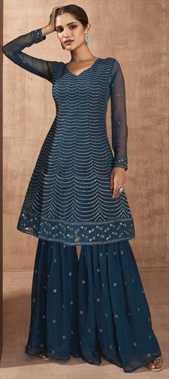 Bollywood Blue color Salwar Kameez in Georgette fabric with Sharara Embroidered, Sequence work : 1886130