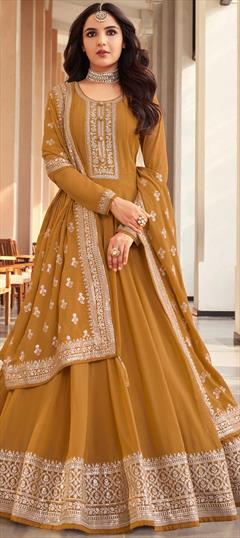 Engagement, Reception, Wedding Beige and Brown color Salwar Kameez in Georgette fabric with Anarkali Embroidered, Sequence work : 1886131