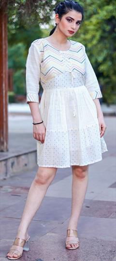 Party Wear White and Off White color Dress in Cotton fabric with Embroidered, Mirror, Resham, Thread work : 1886240