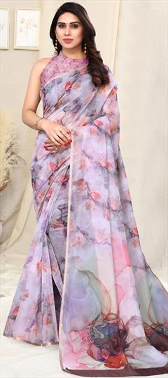 Casual, Traditional Purple and Violet color Saree in Organza Silk, Silk fabric with South Floral, Printed work : 1886308