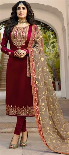 Bollywood Red and Maroon color Salwar Kameez in Georgette fabric with Churidar, Straight Embroidered, Stone, Zari work : 1886310