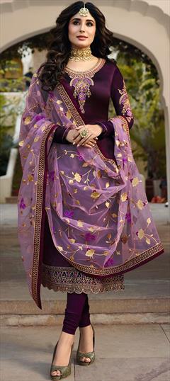 Bollywood Purple and Violet color Salwar Kameez in Georgette fabric with Churidar, Straight Embroidered, Stone, Zari work : 1886312