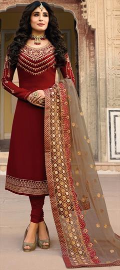 Bollywood Red and Maroon color Salwar Kameez in Georgette fabric with Churidar, Straight Embroidered, Stone, Zari work : 1886314