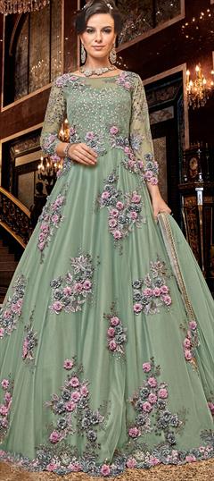 Bollywood Green color Salwar Kameez in Net fabric with Anarkali Embroidered, Stone work : 1886316