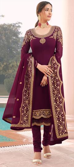 Bollywood Red and Maroon color Salwar Kameez in Georgette fabric with Churidar, Straight Embroidered, Stone, Zari work : 1886321