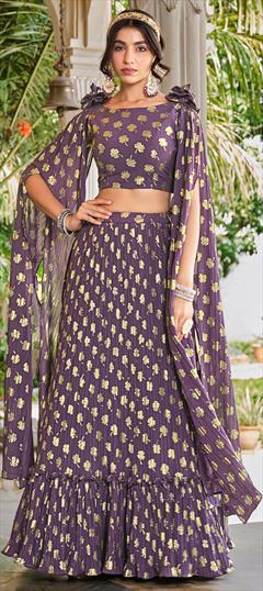 Festive, Party Wear, Reception Purple and Violet color Ready to Wear Lehenga in Faux Georgette fabric with Ruffle, Straight Foil Print work : 1886352