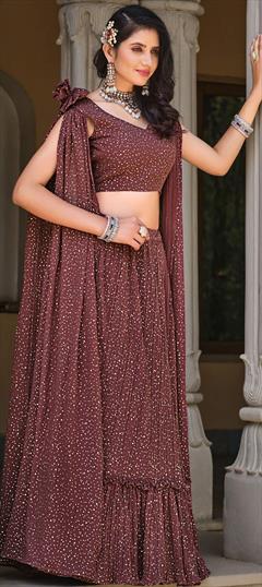 Festive, Party Wear, Reception Beige and Brown color Ready to Wear Lehenga in Faux Georgette fabric with Ruffle, Straight Foil Print work : 1886362