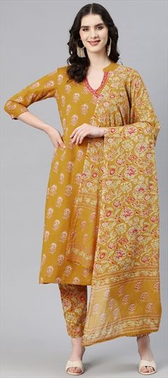 Party Wear, Summer Yellow color Salwar Kameez in Cotton fabric with Straight Printed, Thread work : 1886386