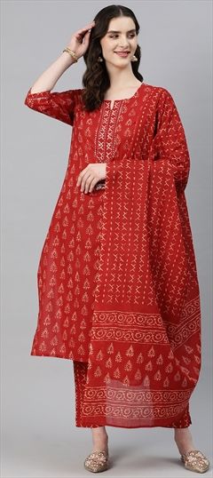 Party Wear, Summer Red and Maroon color Salwar Kameez in Cotton fabric with Straight Printed, Resham, Thread work : 1886387