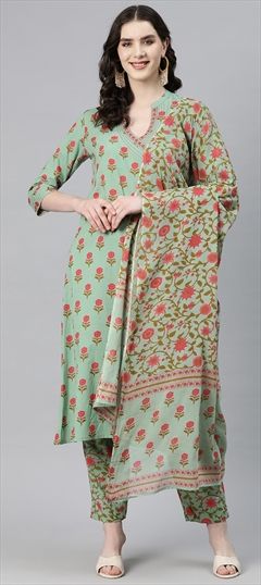 Party Wear, Summer Green color Salwar Kameez in Cotton fabric with Straight Floral, Printed, Thread work : 1886388