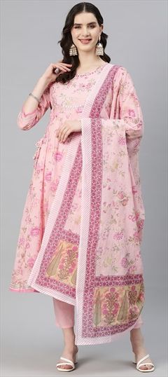 Party Wear, Summer Pink and Majenta color Salwar Kameez in Cotton fabric with Anarkali Floral, Printed, Resham, Thread, Zari work : 1886391
