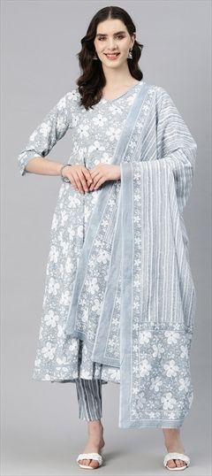 Party Wear, Summer Black and Grey color Salwar Kameez in Cotton fabric with Straight Floral, Printed, Thread, Zari work : 1886396