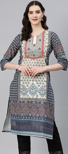 Casual Multicolor color Kurti in Cotton fabric with Long Sleeve, Straight Floral, Printed, Resham, Thread work : 1886416