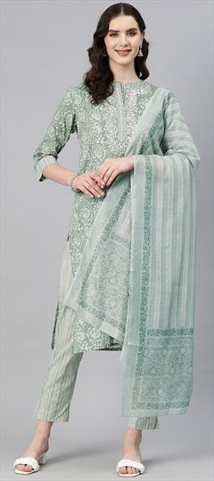 Festive, Summer Green color Salwar Kameez in Cotton fabric with Straight Printed, Thread, Zari work : 1886419