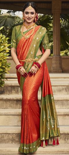 Mehendi Sangeet, Party Wear, Traditional Red and Maroon color Saree in Kanjeevaram Silk, Silk fabric with South Weaving work : 1886430