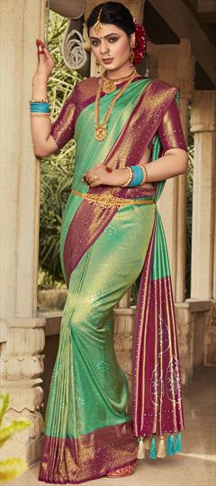 Mehendi Sangeet, Party Wear, Traditional Green color Saree in Kanjeevaram Silk, Silk fabric with South Weaving work : 1886431