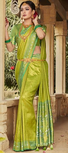 Mehendi Sangeet, Party Wear, Traditional Green color Saree in Kanjeevaram Silk, Silk fabric with South Weaving work : 1886438