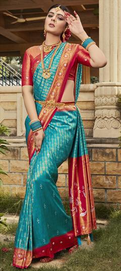 Mehendi Sangeet, Party Wear, Traditional Blue color Saree in Kanjeevaram Silk, Silk fabric with South Weaving work : 1886442