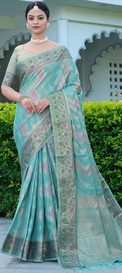 Party Wear, Traditional Blue color Saree in Organza Silk, Silk fabric with South Weaving work : 1886491