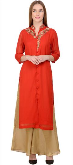Festive, Party Wear Red and Maroon color Salwar Kameez in Georgette fabric with Palazzo Embroidered, Thread work : 1886534