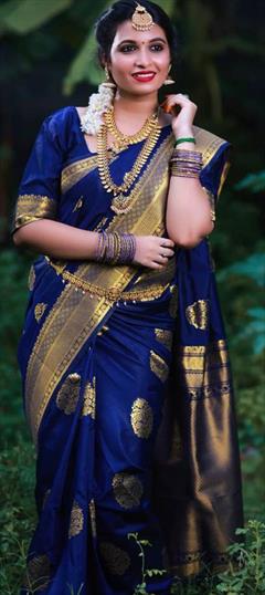 Party Wear, Traditional Blue color Saree in Art Silk, Silk fabric with South Weaving work : 1886557