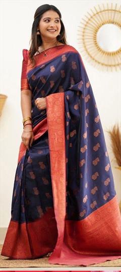 Party Wear, Traditional Blue color Saree in Art Silk, Silk fabric with South Weaving work : 1886574