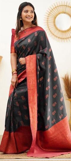 Party Wear, Traditional Black and Grey color Saree in Art Silk, Silk fabric with South Weaving work : 1886576