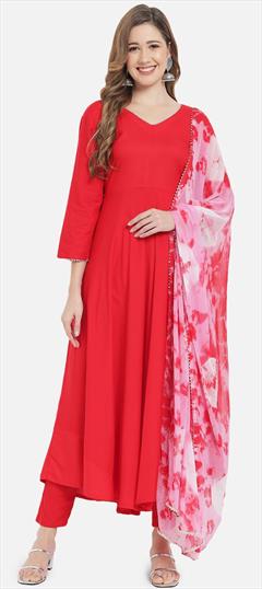 Party Wear Red and Maroon color Salwar Kameez in Rayon fabric with Asymmetrical Thread work : 1886579