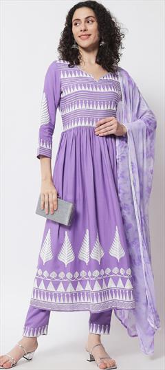 Festive, Party Wear Purple and Violet color Salwar Kameez in Rayon fabric with Anarkali Thread work : 1886585