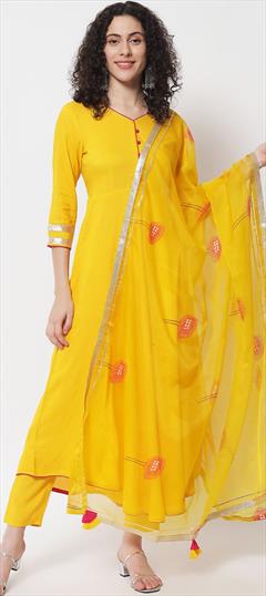 Festive, Party Wear Yellow color Salwar Kameez in Rayon fabric with Anarkali Gota Patti work : 1886586
