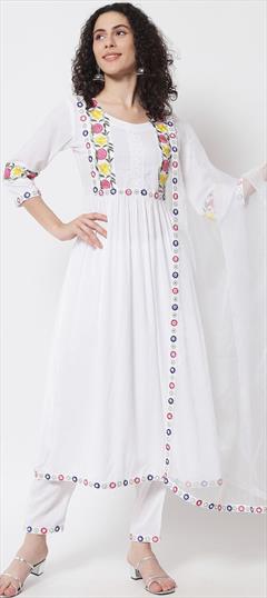 Festive, Party Wear White and Off White color Salwar Kameez in Rayon fabric with Anarkali Resham, Thread work : 1886589