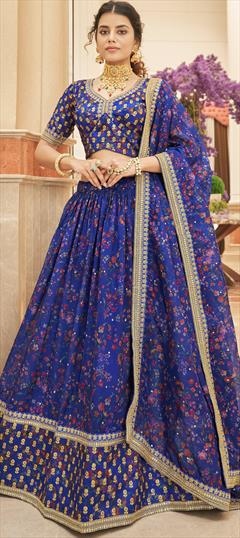 Bridal, Engagement, Wedding Blue color Lehenga in Organza Silk fabric with Flared Embroidered, Sequence, Thread, Zari work : 1886610