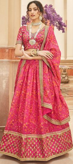 Bridal, Engagement, Wedding Pink and Majenta color Lehenga in Organza Silk fabric with Flared Embroidered, Sequence, Thread, Zari work : 1886615