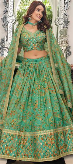 Bridal, Engagement, Wedding Green color Lehenga in Organza Silk fabric with Flared Embroidered, Sequence, Thread, Zari work : 1886617