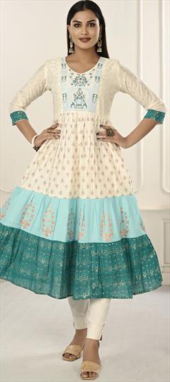 Party Wear Blue color Kurti in Cotton fabric with Anarkali, Long Sleeve Embroidered, Printed, Thread work : 1886667