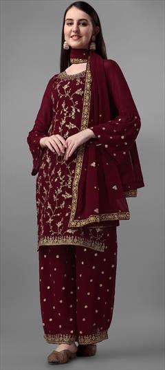 Party Wear, Reception Red and Maroon color Salwar Kameez in Faux Georgette fabric with Straight Embroidered, Thread work : 1886686