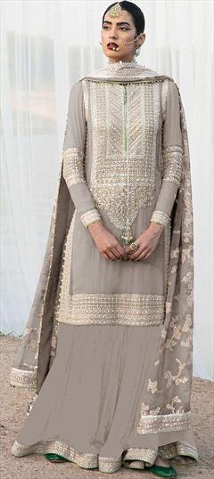 Mehendi Sangeet, Reception, Wedding Beige and Brown color Salwar Kameez in Faux Georgette fabric with Pakistani, Palazzo, Straight Embroidered, Sequence, Thread work : 1886716
