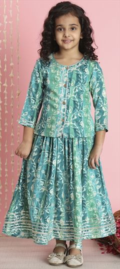 Festive, Summer Blue color Kids Lehenga in Cotton fabric with A Line Gota Patti, Lace, Printed work : 1886737