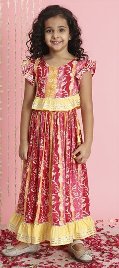 Festive, Summer Pink and Majenta color Kids Lehenga in Cotton fabric with A Line Gota Patti, Lace, Printed work : 1886738