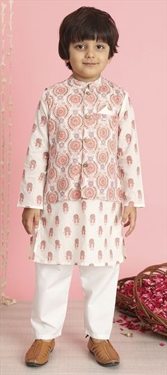 Festive, Reception, Summer White and Off White color Boys Kurta Pyjama with Jacket in Cotton fabric with Printed work : 1886787