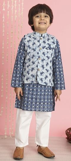 Festive, Summer Blue, White and Off White color Boys Kurta Pyjama with Jacket in Cotton fabric with Printed work : 1886790