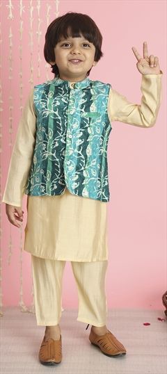 Festive, Summer Beige and Brown, Blue color Boys Kurta Pyjama with Jacket in Art Silk, Cotton fabric with Printed work : 1886791